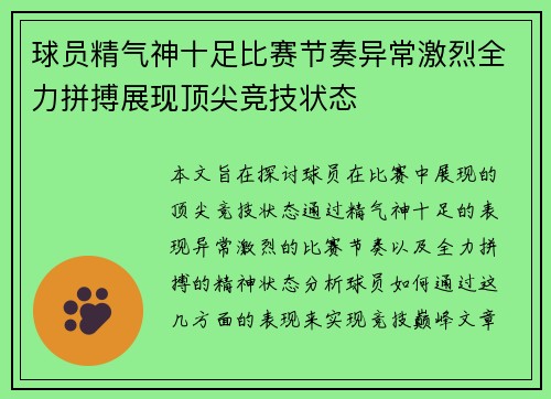 球员精气神十足比赛节奏异常激烈全力拼搏展现顶尖竞技状态