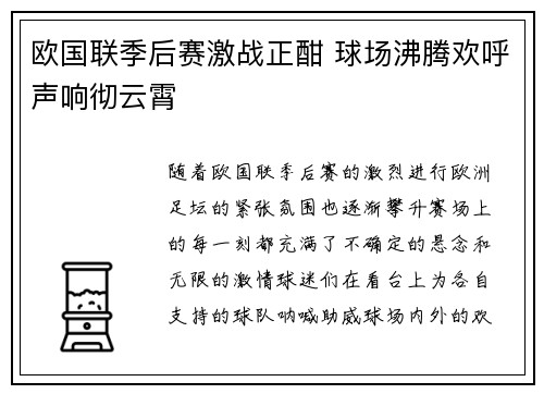 欧国联季后赛激战正酣 球场沸腾欢呼声响彻云霄