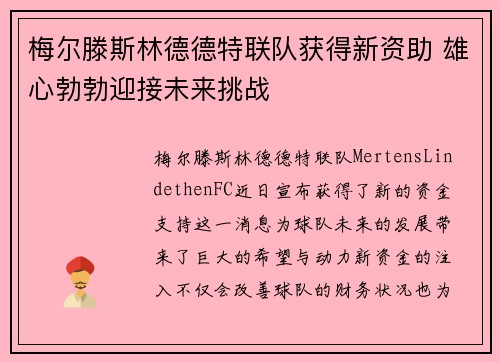 梅尔滕斯林德德特联队获得新资助 雄心勃勃迎接未来挑战